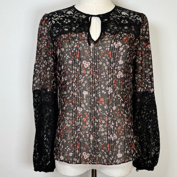 Rebecca Taylor ‘Lyra’ Red Floral Black Lace Pintuck Silk Blouse Women’s Size 00 - Picture 4 of 15